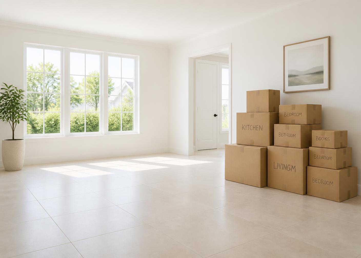 Stacked moving boxes in a bright, freshly cleaned living room